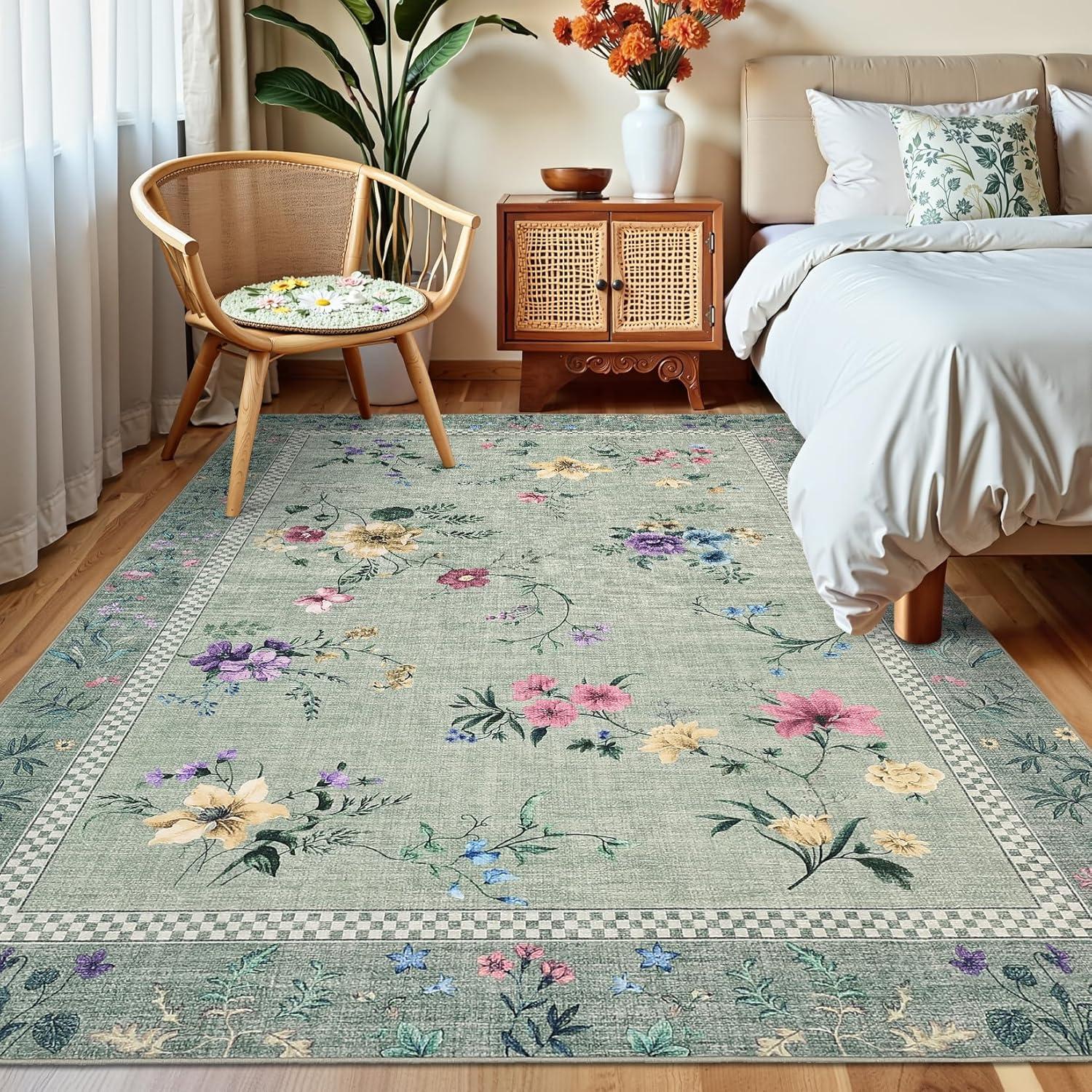 image:imageGarvee Floral Runner for Hallways Non Slip 2x6 Washable Kitchen Runner Rug Vintage Soft Ultra Thin Low Pile Carpet Mat for Girls Bedroom Bedside Laundry Bathroom Indoor Farmhouse Entryway Rugs PinkVintage Floralgreen