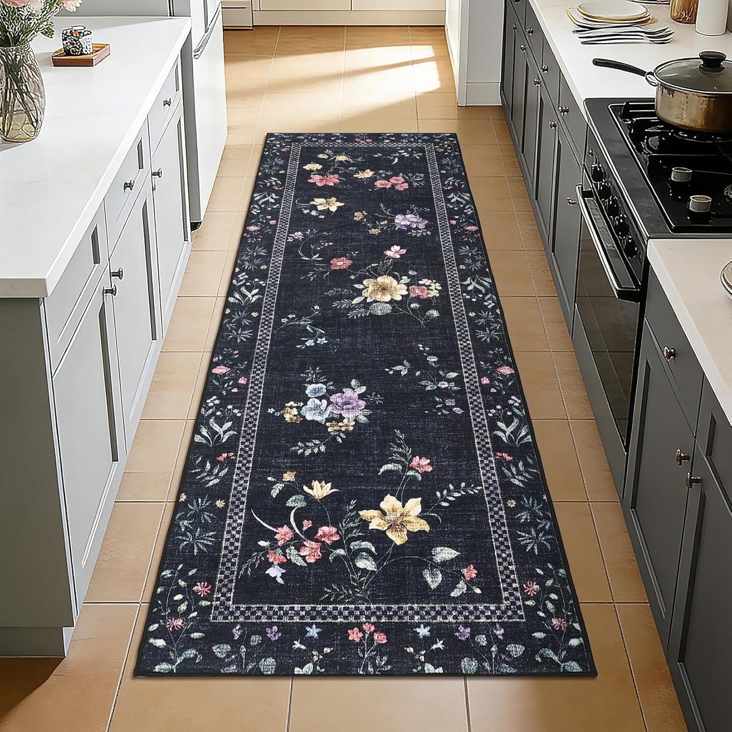 image:imageGarvee Floral Runner for Hallways Non Slip 2x6 Washable Kitchen Runner Rug Vintage Soft Ultra Thin Low Pile Carpet Mat for Girls Bedroom Bedside Laundry Bathroom Indoor Farmhouse Entryway Rugs PinkVintage Floralblack