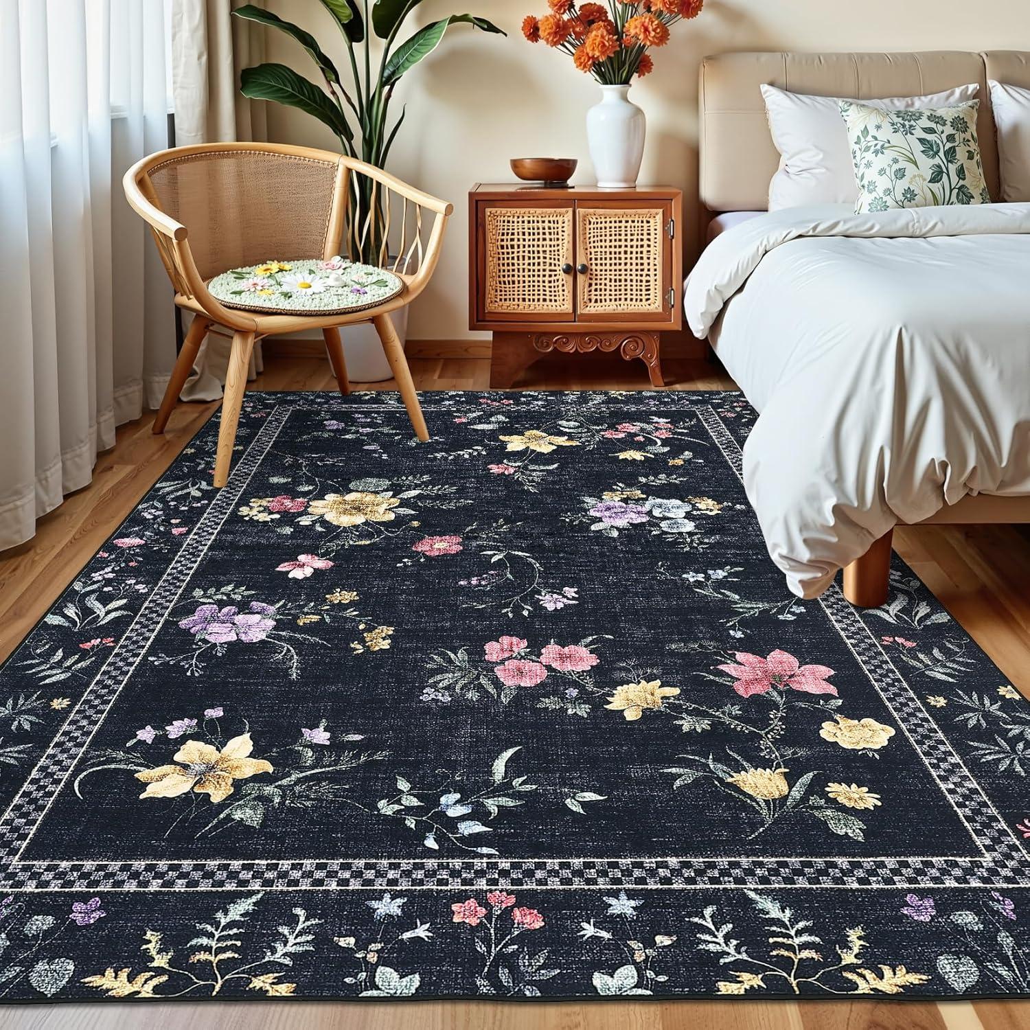 image:imageGarvee Floral Runner for Hallways Non Slip 2x6 Washable Kitchen Runner Rug Vintage Soft Ultra Thin Low Pile Carpet Mat for Girls Bedroom Bedside Laundry Bathroom Indoor Farmhouse Entryway Rugs PinkVintage Floralblack