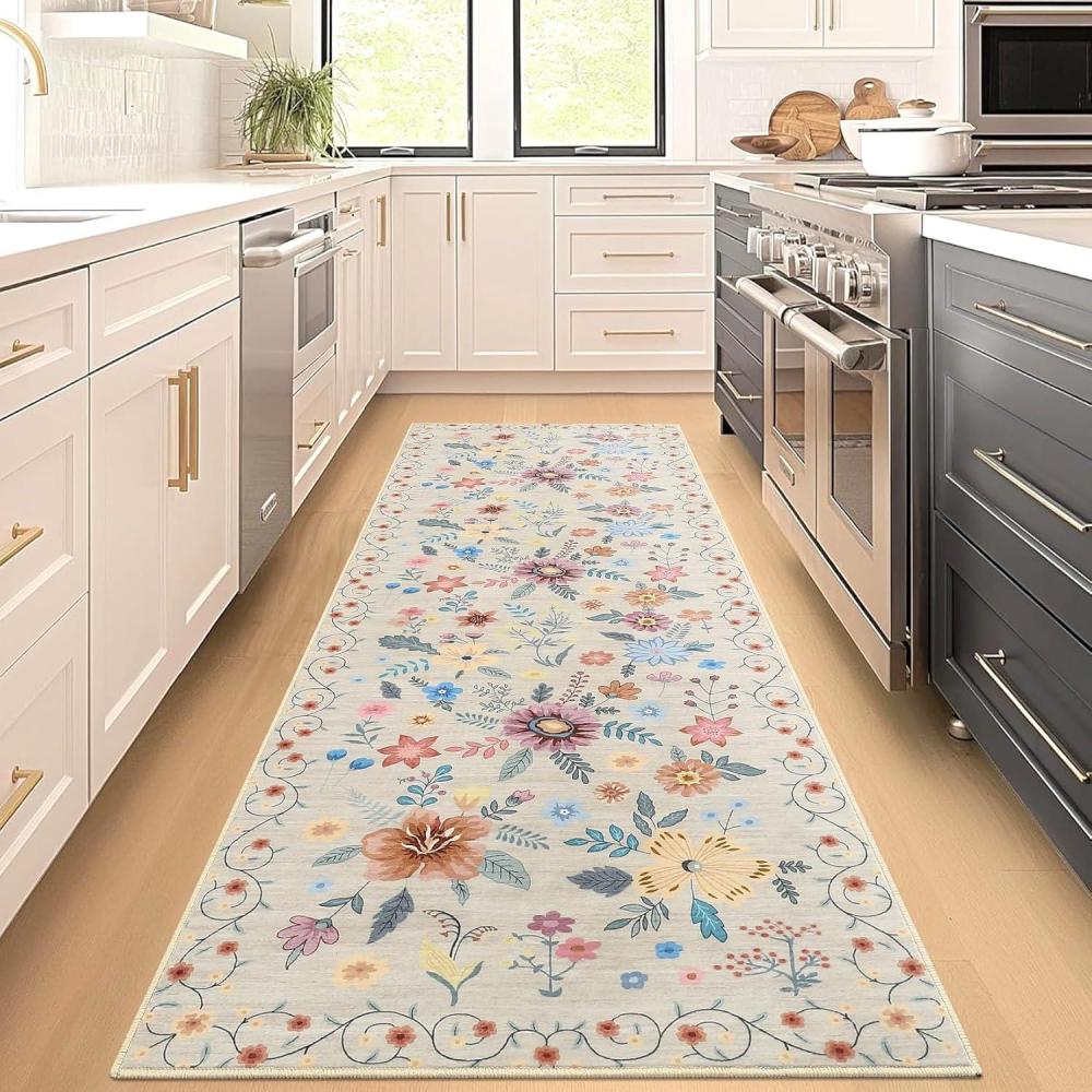 image:imageGarvee 5x7 Washable Rug Floral Vintage Area Rug for Bedroom Foldable NonSlip Small Rug for Dorm Study Room Nursery Botanical Home Decor Soft Underfoot Sage GreenBeige