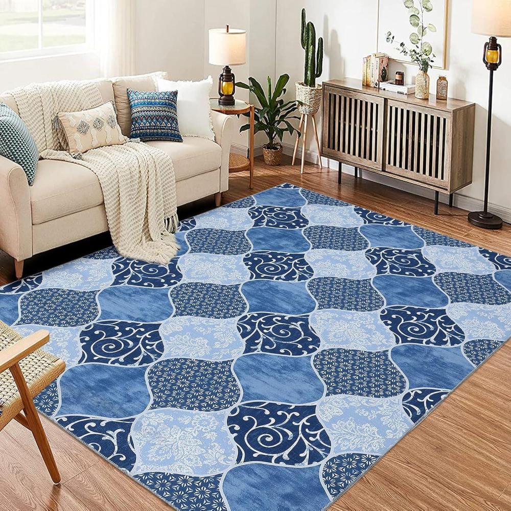 image:imageGarvee 5x7 ft Geometric Trellis Area Rug Modern Neutral Washable Rugs in Farmhouse Design NonSlip LowPile Indoor Carpet for Living RoomBedroomDining RoomOfficeChenille BlueBlue