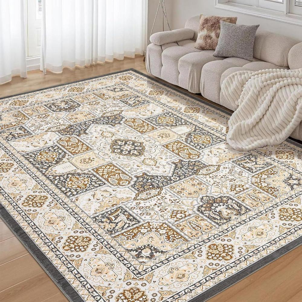 image:imageGarvee 5x7 ft Modern Geometric Trellis Area Rug Large Boho Machine Washable Rugs Vintage Medallion Distressed Indoor Accent Stain Resistant NonSlip Floor Cover Carpet for Living Room BedroomBlueCamel