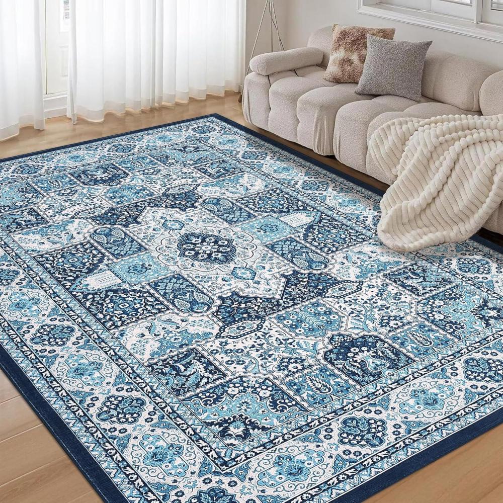 image:imageGarvee 5x7 ft Modern Geometric Trellis Area Rug Large Boho Machine Washable Rugs Vintage Medallion Distressed Indoor Accent Stain Resistant NonSlip Floor Cover Carpet for Living Room BedroomBlueBlue