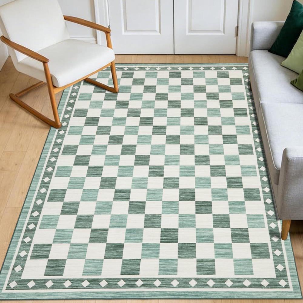 image:imageGarvee 6x9 Checkered Area Rug Washable Soft Rugs for Living Room Modern Geometric Non Slip Low Pile Carpet for Bedroom Dining Room GreenGreen