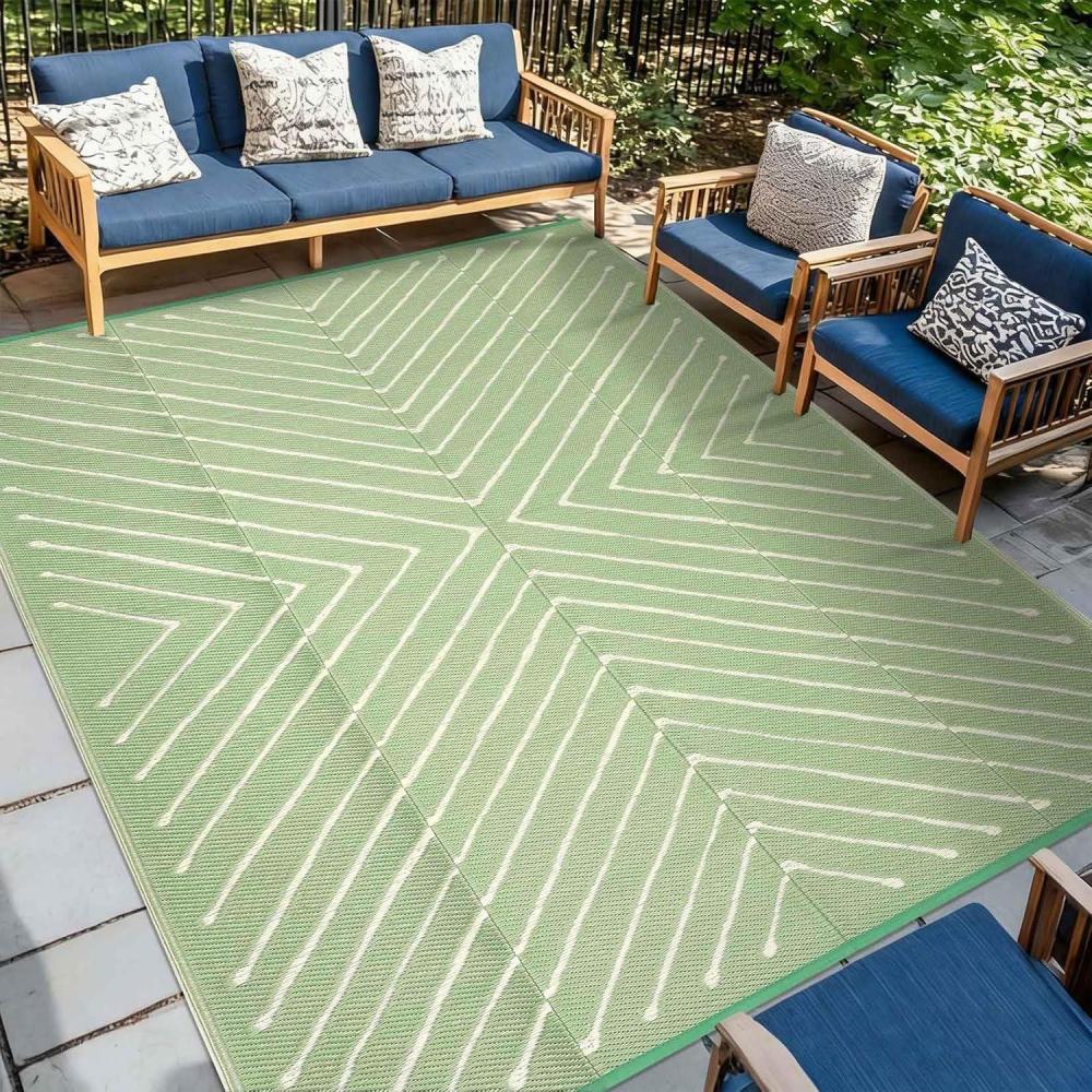 image:imageGarvee 6x9 Modern Striped Outdoor Waterproof Reversible Patio Mat Portable Plastic Straw Camping Rug for RV Deck Balcony Backyard Easy Clean Navy Blue Outdoor Carpet NavyampWhiteGreenwhite