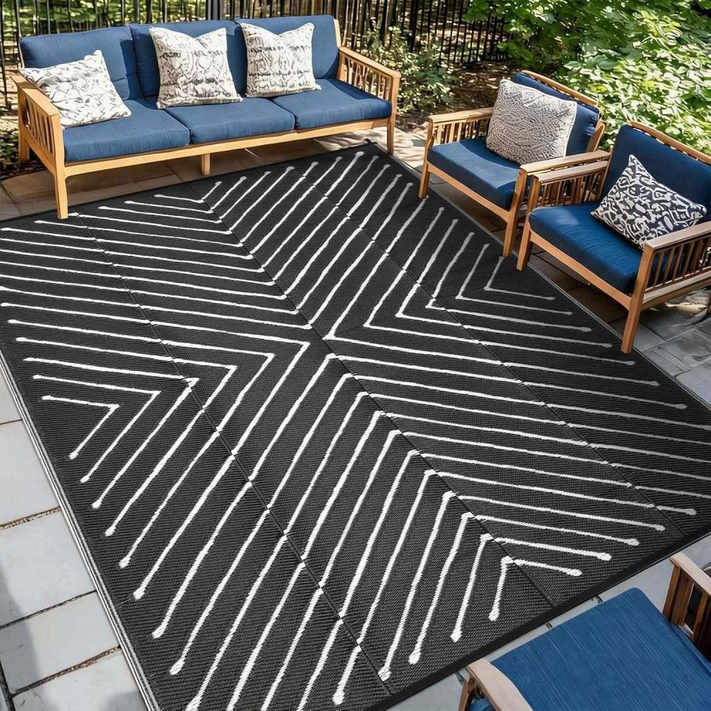 image:imageGarvee 6x9 Modern Striped Outdoor Waterproof Reversible Patio Mat Portable Plastic Straw Camping Rug for RV Deck Balcony Backyard Easy Clean Navy Blue Outdoor Carpet NavyampWhiteBlackwhite