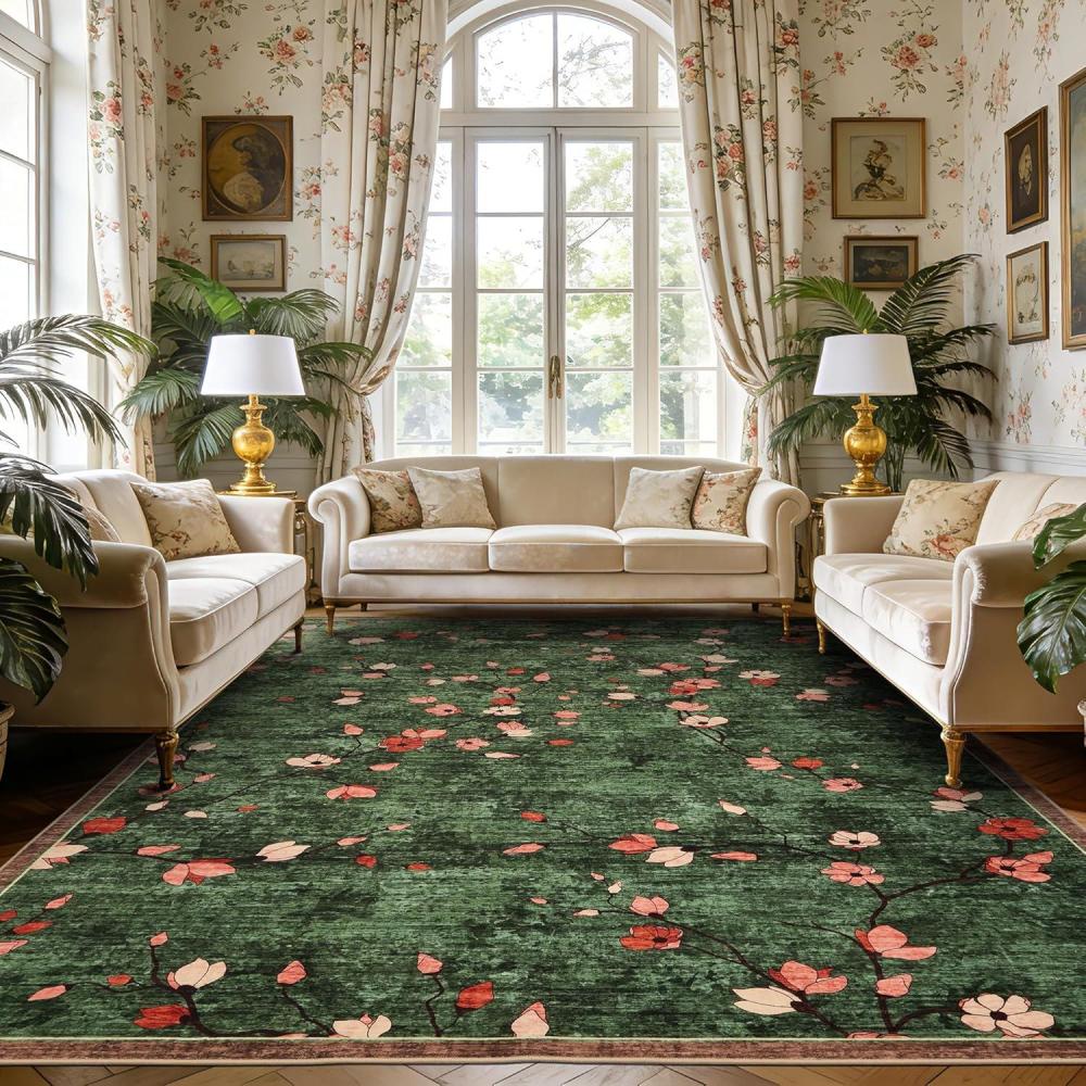 image:imageGarvee 9x12 Area Rug for Living Room Vintage Floral Rug Washable Non Slip amp Low Pile Carpet for Living Room Bedroom Dining Room GreyDark Green