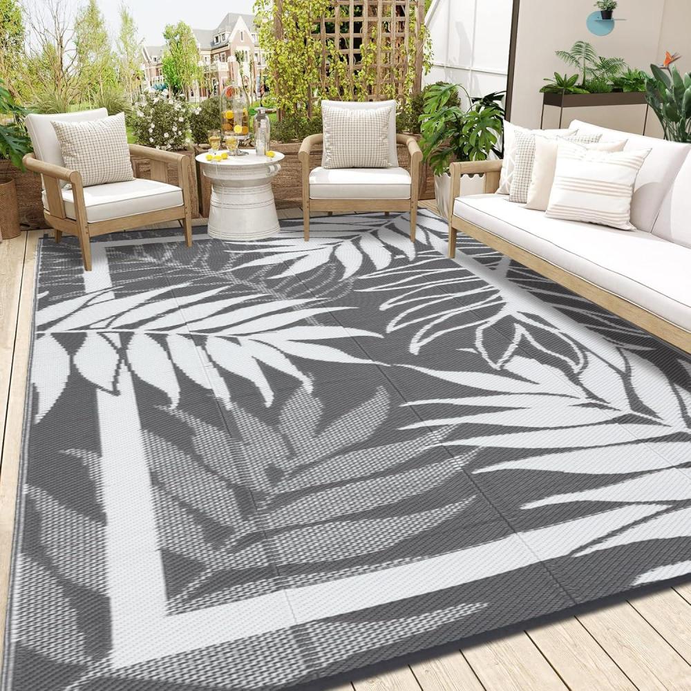 image:imageGarvee 9x12 Outdoor Rug Waterproof AllWeather Patio Carpet  Reversible Fade amp Resistant Heavy Duty NonSlip Backing for Large Deck Living Room Backyard Pool Area PorchDarkBlueGrey White