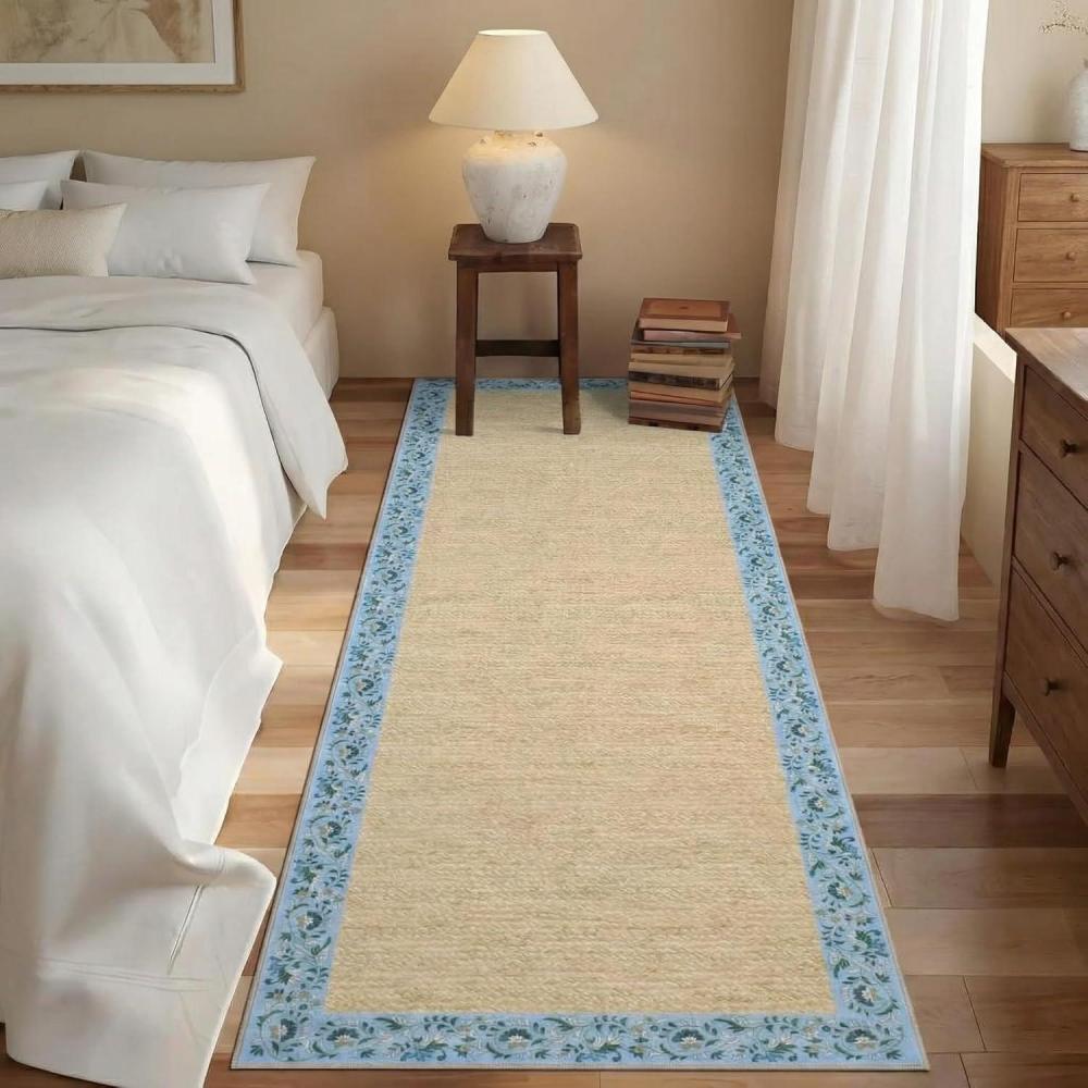 image:imageGarvee Bordered 2x6 Kitchen Rugs Washable Non Slip Hallway Runner Low Pile Stain Resistant Floral Throw Carpet Rug for Laundry Bathroom Vintage Decorative Bedroom Rugs for Home Office Light BlueFloral Borderlight Blue