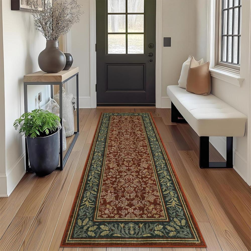image:imageGarvee Floral 2x6 Kitchen Rugs Washable Indoor Vintage Hallway Runner with Non Slip Back Low Pile Ultra Thin Bordered Oriental Throw Carpet Mat for Entryway Laundry Bedroom Green BlackFloral Orientalred
