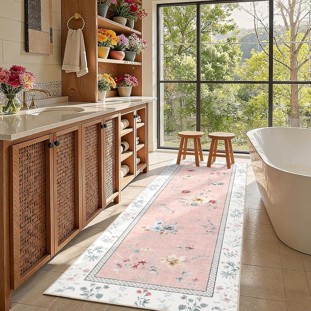image:imageGarvee Floral Runner for Hallways Non Slip 2x6 Washable Kitchen Runner Rug Vintage Soft Ultra Thin Low Pile Carpet Mat for Girls Bedroom Bedside Laundry Bathroom Indoor Farmhouse Entryway Rugs PinkVintage Floralpink