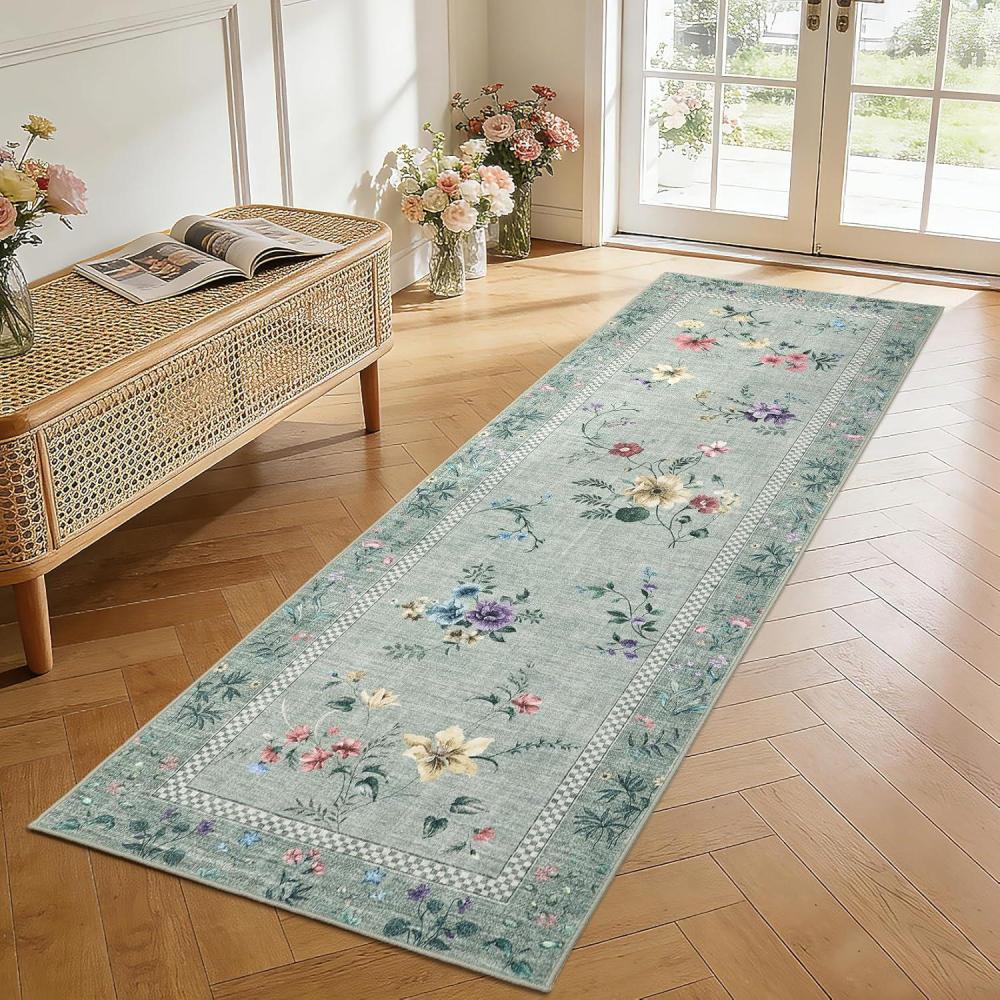 image:imageGarvee Floral Runner for Hallways Non Slip 2x6 Washable Kitchen Runner Rug Vintage Soft Ultra Thin Low Pile Carpet Mat for Girls Bedroom Bedside Laundry Bathroom Indoor Farmhouse Entryway Rugs PinkVintage Floralgreen