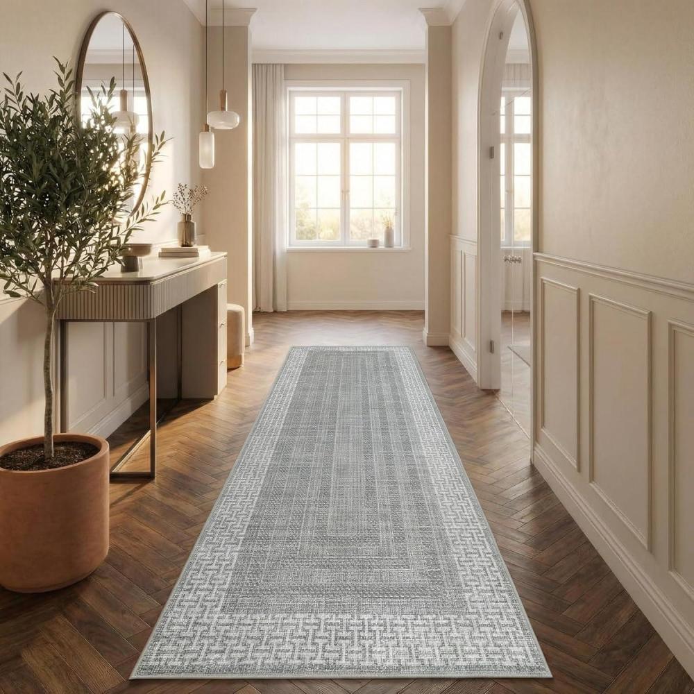 image:imageGarvee Geometric 2x6 Kitchen Rugs Washable Modern Non Slip Green Hallway Runner Rug Bordered Ultra Thin Low Pile Entryway Rug Stain Resistant Non Shedding Throw Rugs for Laundry BedroomBorderedgrey