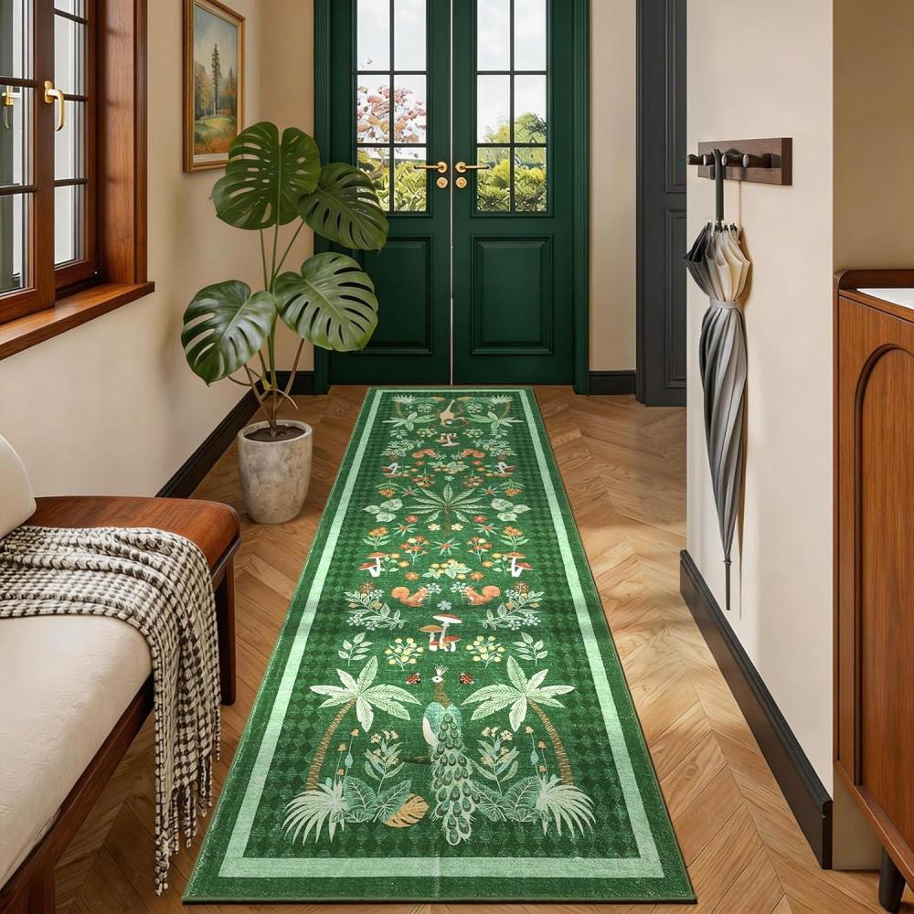 image:imageGarvee Jungle Rug 2x6 Kitchen Runner Rug Washable Animal Print Soft Non Slip Hallway Runner Tropical Botanical Low Pile Throw Carpet Ultra Thin Peacock Monkey Floor Rugs for Laundry Bedroom BlackJunglegreen