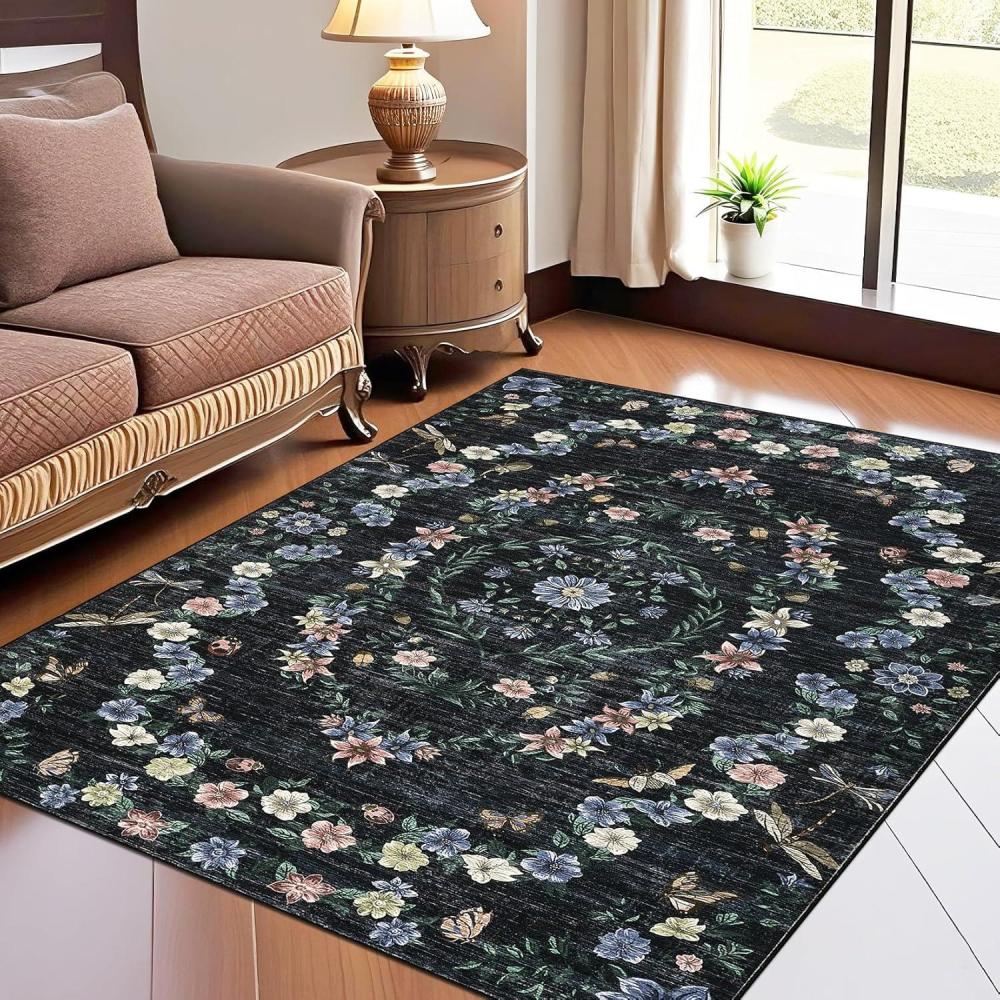 image:imageGarvee Large Floral Area Rugs for Living Room Bedroom 10x13 Non Slip Washable Rugs Low Pile Stain Resistant Floral Carpet Foldable Floor Mats for Dining Room Nursery Playroom Black