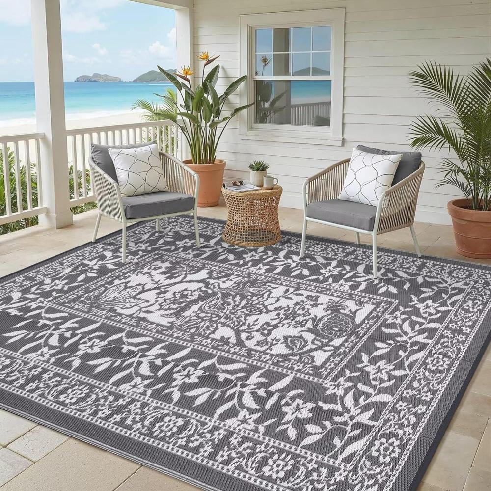 image:imageGarvee Outdoor Rug 5x8 Waterproof Reversible Foldable Plastic Straw Rug Botanical cottagecore Outdoor Rugs Patio Camping RV Carpet for Deck Camper Porch Balcony Backyard Picnic Beach Grey