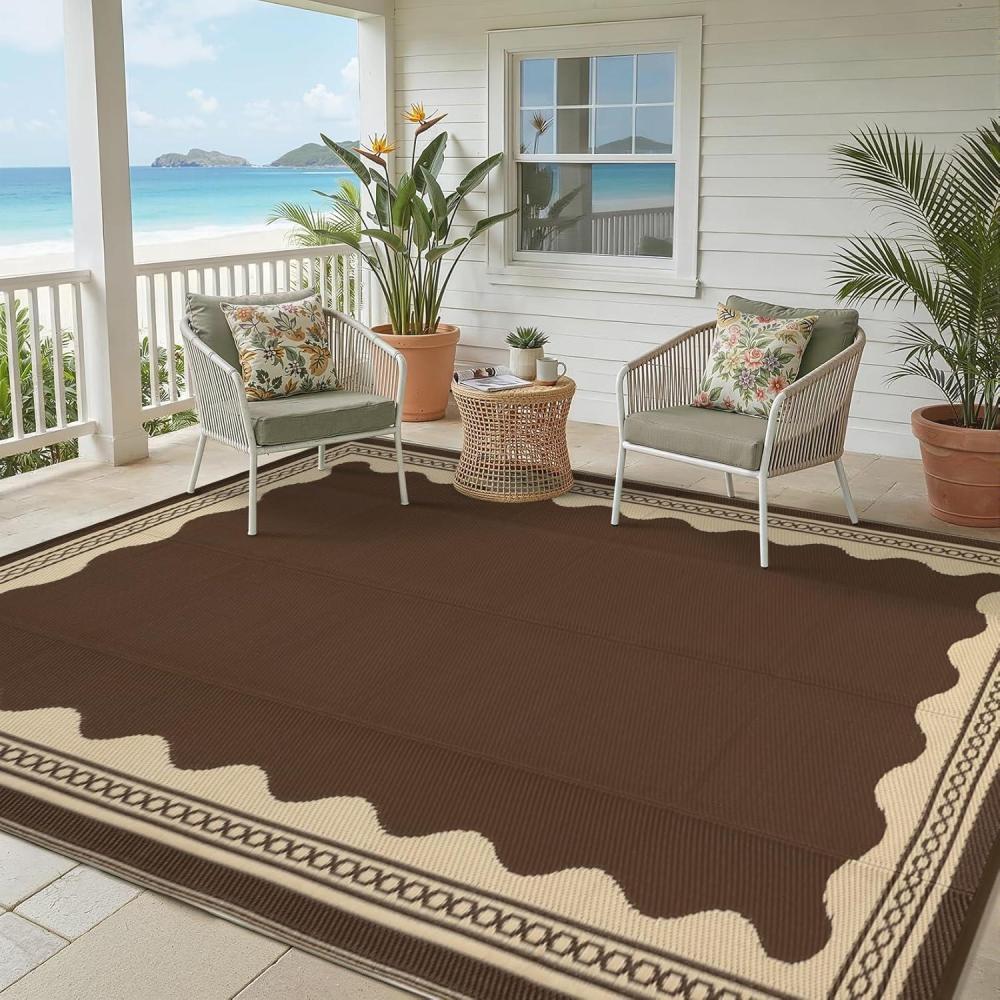 image:imageGarvee Outdoor Rug 8x10 Scalloped Waterproof Patio RV Outdoor Rugs Reversible Foldable Plastic Straw Rug Modern Camping Carpet for Deck Camper Porch Balcony Backyard Picnic Beach Dark BlueCoffee