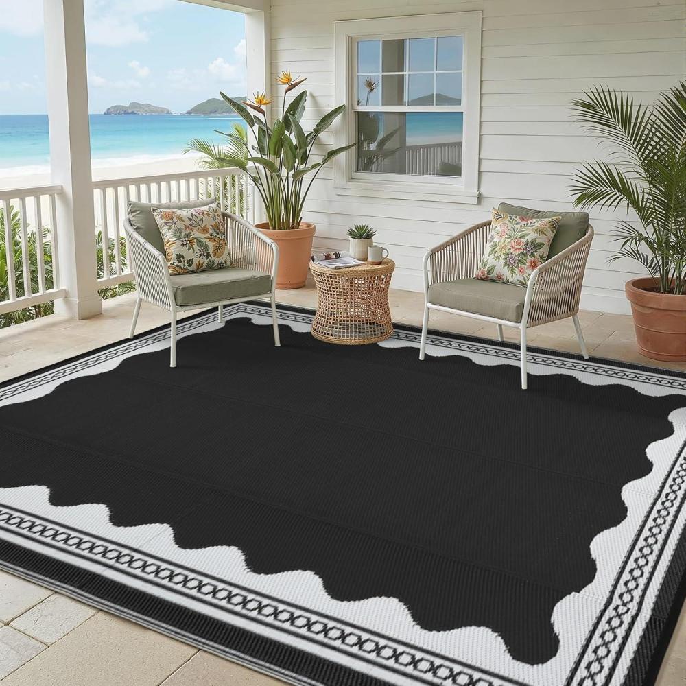 image:imageGarvee Outdoor Rug 8x10 Scalloped Waterproof Patio RV Outdoor Rugs Reversible Foldable Plastic Straw Rug Modern Camping Carpet for Deck Camper Porch Balcony Backyard Picnic Beach Dark BlueBlack and White