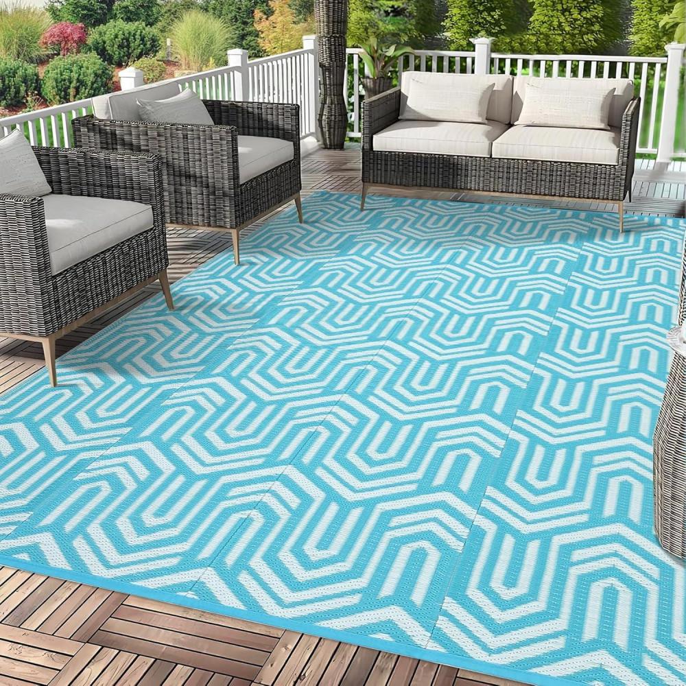 image:imageGarvee Outdoor Rug 8x10 ft Reversible Patio Mat Waterproof amp Lightweight Plastic Straw Area Rug for Patio Deck RV Camping Balcony Easy CleanBlackCoffeeLight Blue