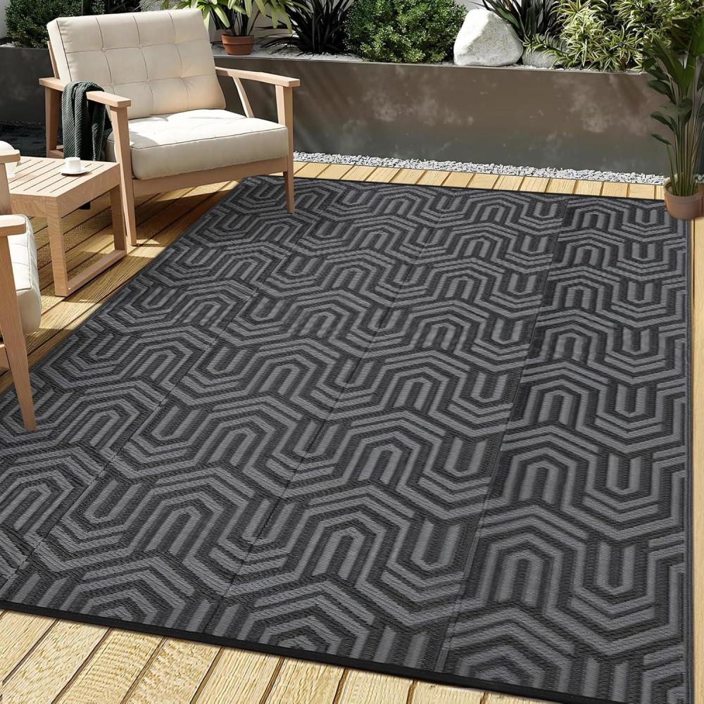 image:imageGarvee Outdoor Rug 8x10 ft Reversible Patio Mat Waterproof amp Lightweight Plastic Straw Area Rug for Patio Deck RV Camping Balcony Easy CleanBlackCoffeeBlackGrey