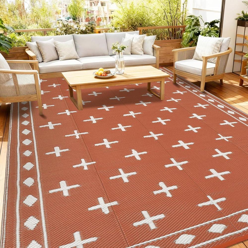 image:imageGarvee Outdoor Rug 8x10 ft Reversible Patio Mat Waterproof amp Lightweight Plastic Straw Area Rug for Patio Deck RV Camping Balcony Easy CleanBlackCoffeeTerracotta Orange