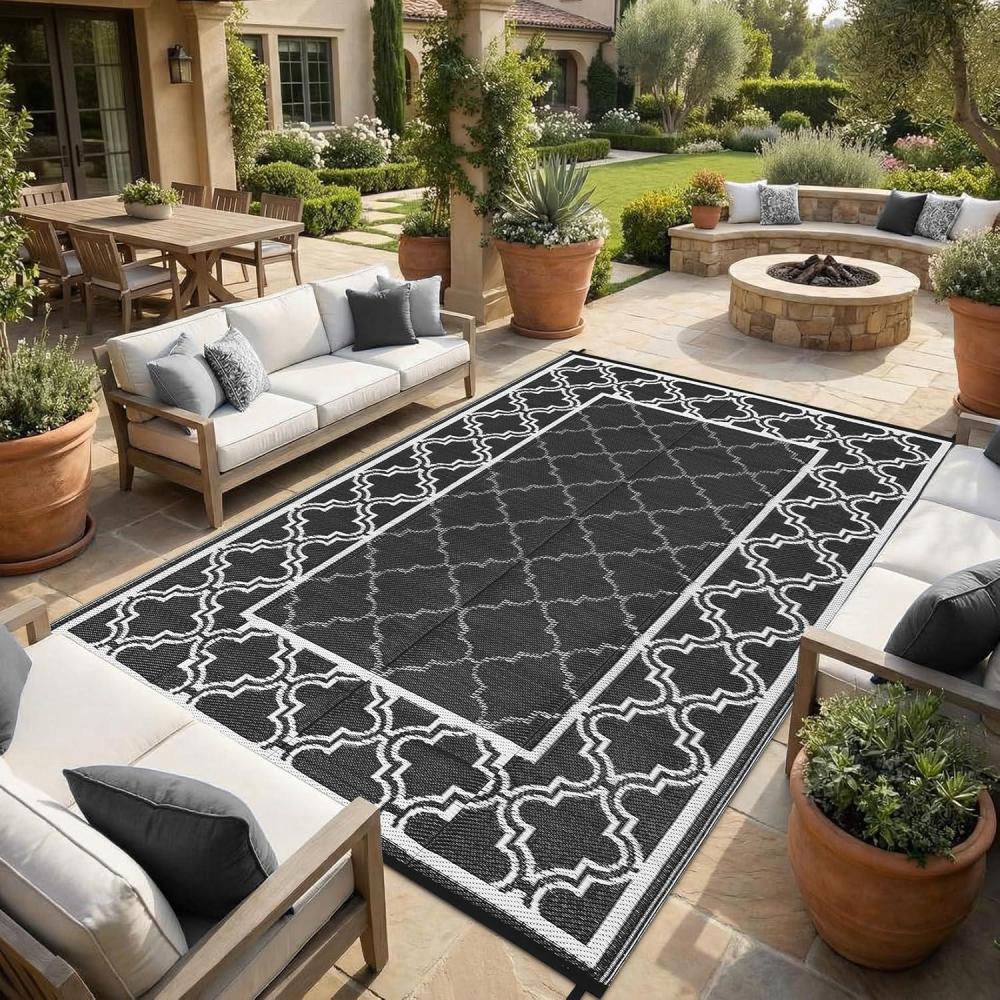 image:imageGarvee Reversible Outdoor Rug 8x10 Waterproof Outdoor Plastic Straw Rug with Interlacing Pattern RV Mat for Picnics Patio Camping Balcony Deck Backyard Porch BlueBlackstyle2