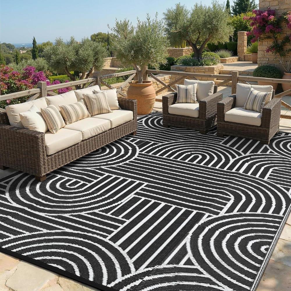 image:imageGarvee Reversible Rainbow Outdoor Rug 10x14 Waterproof Outdoor Plastic Straw Rug RV Mat for Picnics Patio Camping Balcony Deck Backyard Porch BlackBlack