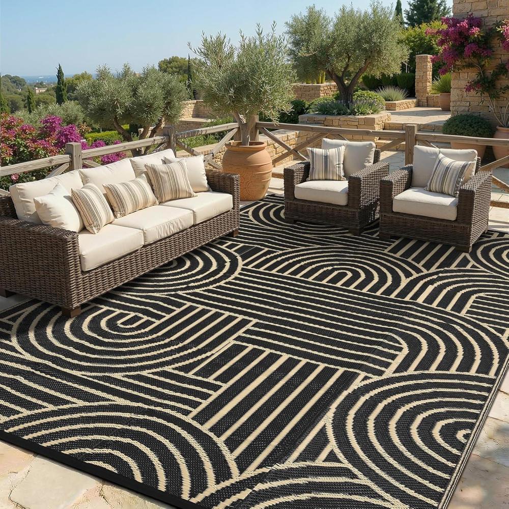 image:imageGarvee Reversible Rainbow Outdoor Rug 10x14 Waterproof Outdoor Plastic Straw Rug RV Mat for Picnics Patio Camping Balcony Deck Backyard Porch BlackBrown
