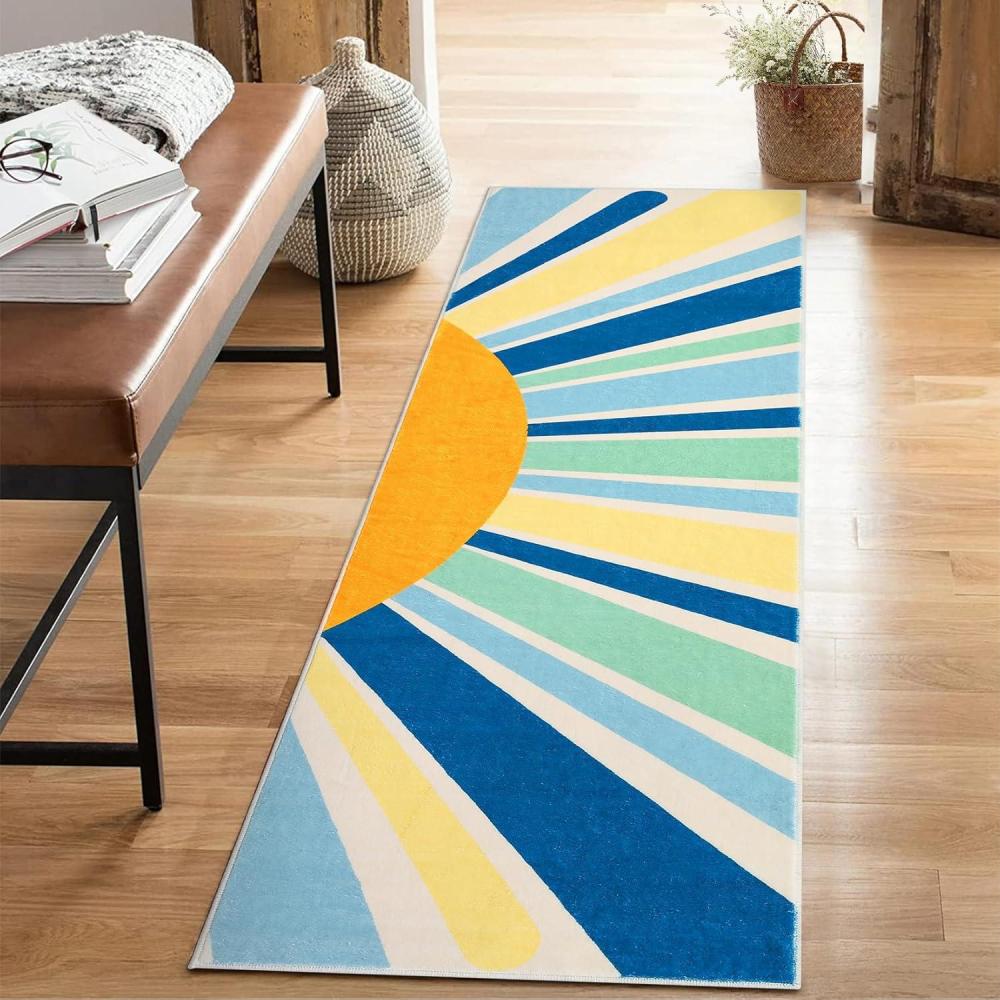 image:imageGarvee Sun Runners Rug 2x6 Washable Non Slip LowPile Rugs with Rainbow Sun Abstract Print Stain Resistant Rug Runner for Hallway Kitchen Entryway Laundry Bathroom Living Room Colorful BlueSunblue