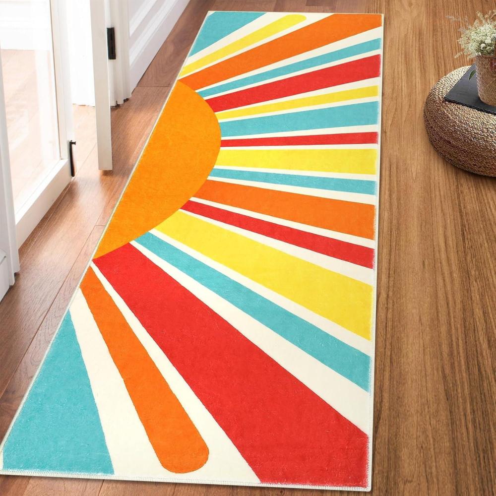 image:imageGarvee Sun Runners Rug 2x6 Washable Non Slip LowPile Rugs with Rainbow Sun Abstract Print Stain Resistant Rug Runner for Hallway Kitchen Entryway Laundry Bathroom Living Room Colorful BlueSunred