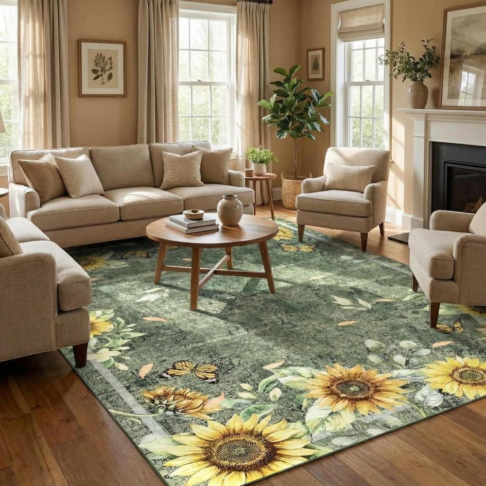 image:imageGarvee Sunflower 5x7 Area Rugs for Living Room Large Soft Non Slip Bedroom Rugs Botanical Butterfly Floral Print Farmhouse Floor Rug Low Pile Stain Resistant Distressed Carpet for Home Decor BlackSunflowergreen