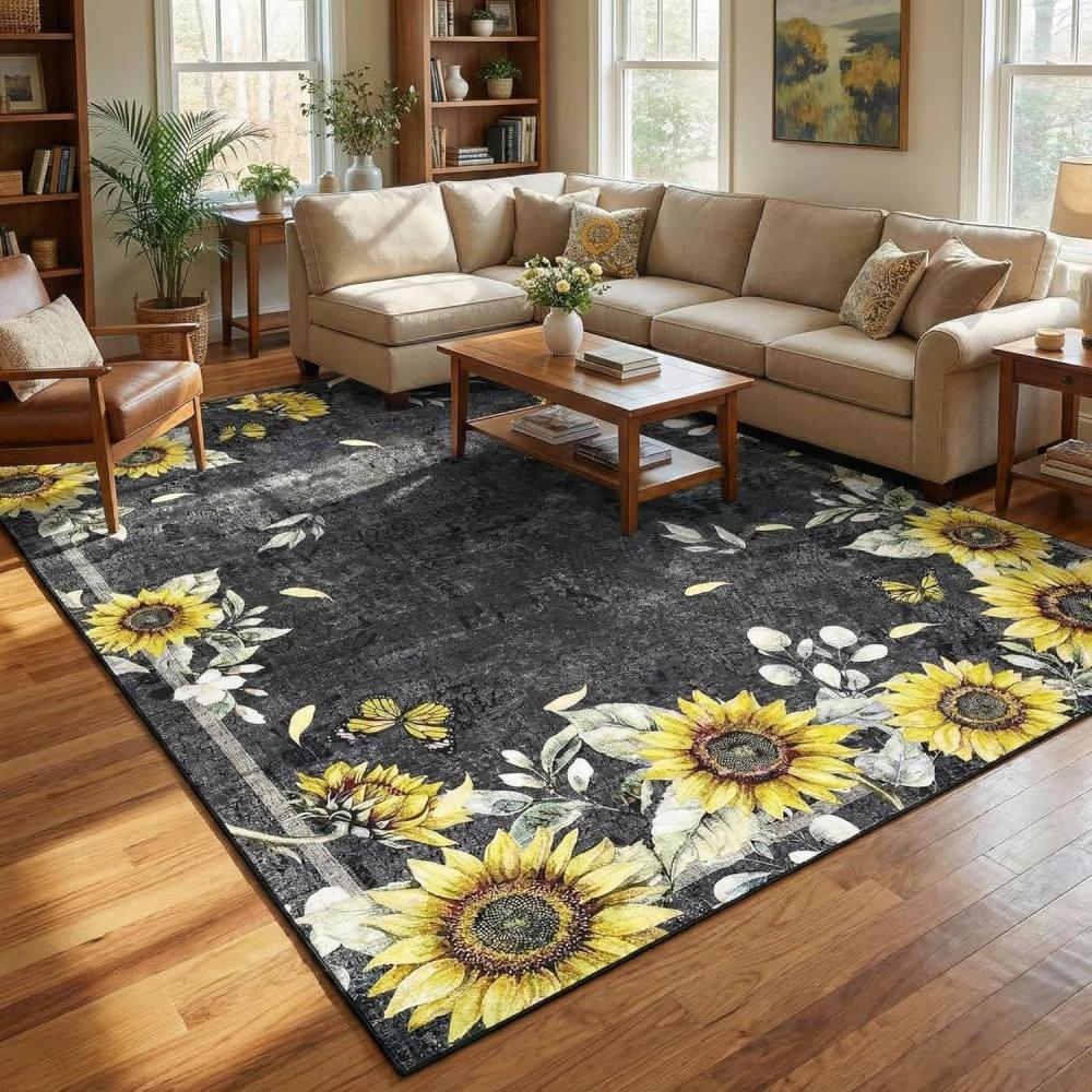 image:imageGarvee Sunflower 8x10 Area Rugs for Living Room Large Soft Non Slip Bedroom Rugs Botanical Butterfly Floral Print Farmhouse Floor Rug Low Pile Stain Resistant Distressed Carpet for Home Decor BlackSunflowerblack