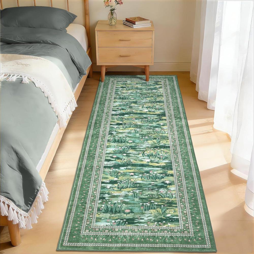image:imageGarvee Washable Floral 2x6 Kitchen Rugs Indoor Farmhouse Hallway Runner Rug with Non Slip Back Low Pile Ultra Thin Stain Resistant Botanical Throw Carpet for Girls Bedroom Laundry Bathroom GreenWater Lilygreen