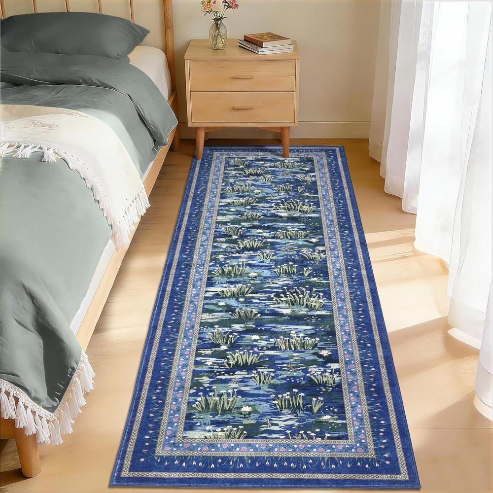 image:imageGarvee Washable Floral 2x6 Kitchen Rugs Indoor Farmhouse Hallway Runner Rug with Non Slip Back Low Pile Ultra Thin Stain Resistant Botanical Throw Carpet for Girls Bedroom Laundry Bathroom GreenWater Lilyblue
