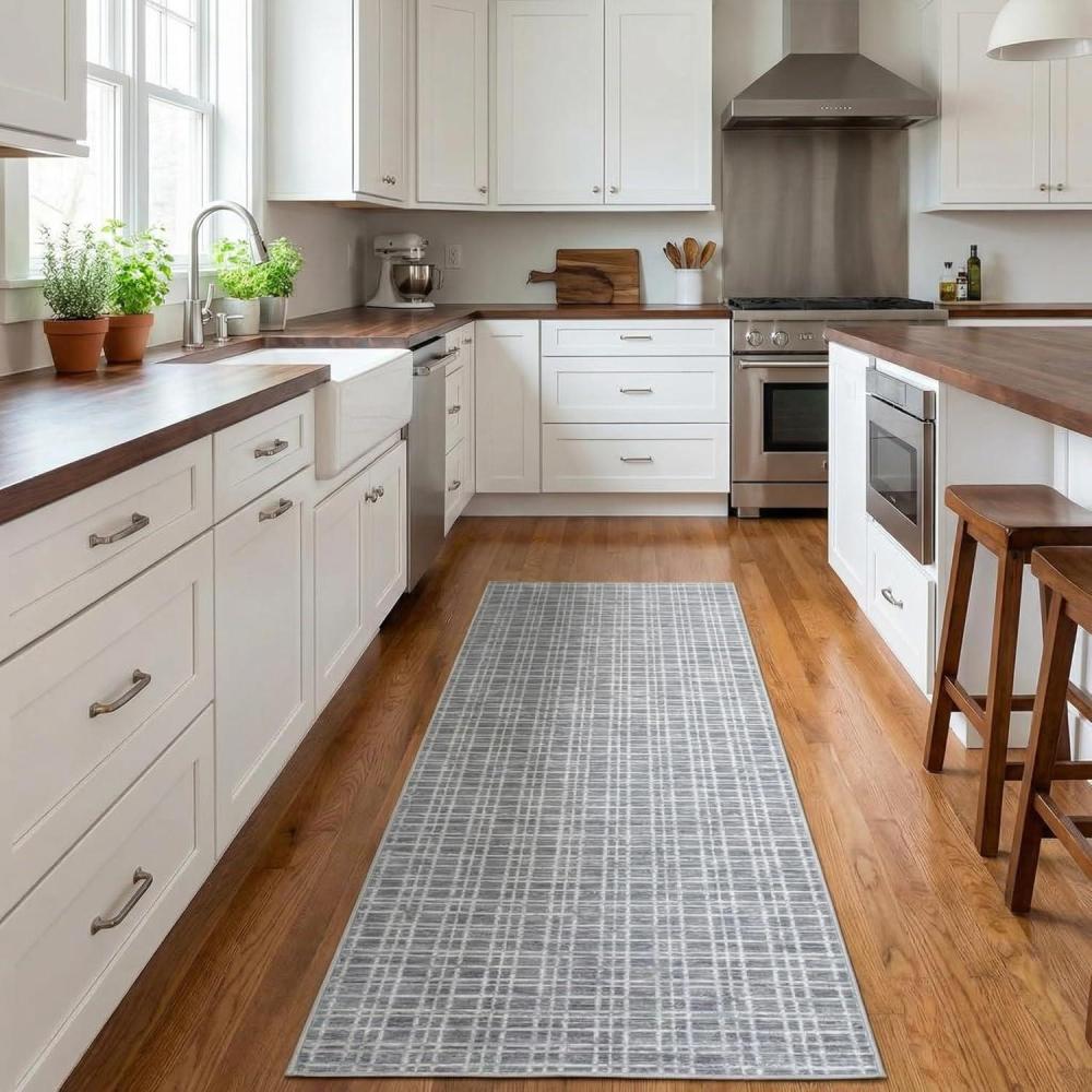 image:imageGarvee Washable Runner Rug 2x6 Modern Runner Rug Non Slip Abstract Hallway Runners Indoor Soft Low Pile Lines Printed Entryway Runners Aesthetic Minimalist Bedside Floor Mat for Laundry Kitchen CreamPlaid Grey