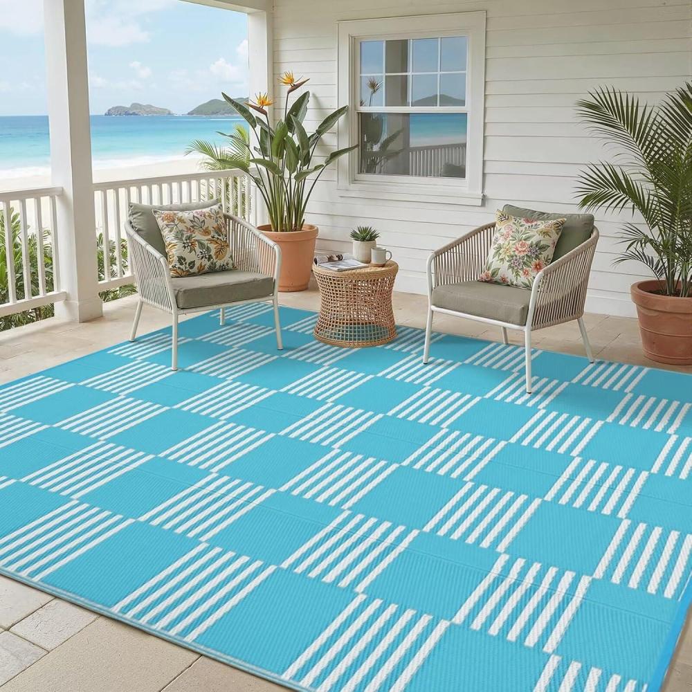 image:imageGarvee Waterproof Outdoor Rug 8x10 Checkered Foldable Plastic Straw Patio Camping Rug Outdoor RV Carpet for Deck Camper Porch Balcony Backyard Picnic Beach Black and BrownBlue  White