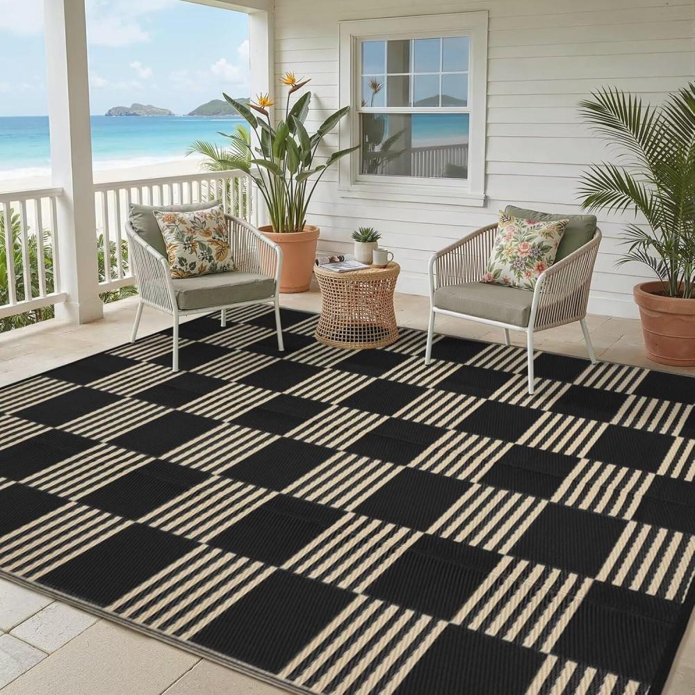 image:imageGarvee Waterproof Outdoor Rug 8x10 Checkered Foldable Plastic Straw Patio Camping Rug Outdoor RV Carpet for Deck Camper Porch Balcony Backyard Picnic Beach Black and BrownBlack  Brown