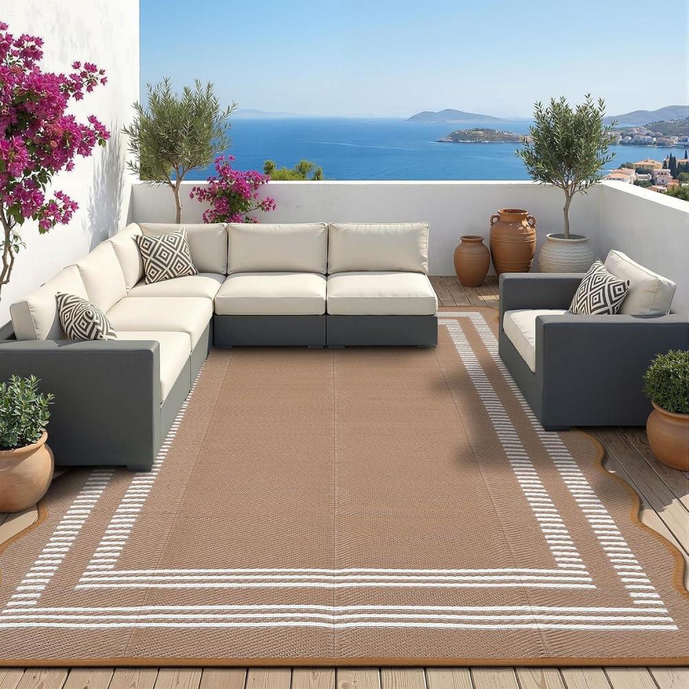 image:imageGarvee Waterproof Outdoor Rug 8x10 Scalloped Geometric Foldable Plastic Straw Patio Camping Rug Outdoor RV Carpet for Deck Camper Porch Balcony Backyard Picnic Beach Gray BrownBrown  White