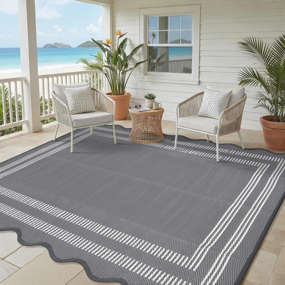 image:imageGarvee Waterproof Outdoor Rug 8x10 Scalloped Geometric Foldable Plastic Straw Patio Camping Rug Outdoor RV Carpet for Deck Camper Porch Balcony Backyard Picnic Beach Gray BrownGray  White