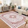 Garvee 8×10 ft Vintage Boho Printed Area Rugs for Living Room, Stain Resistant Washable Rug, Large Soft Low Pile Carpet for Bedroom/Dining Room/Kitchen/Nursery~Non-Slip Backing(Blue White)(Red)