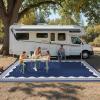 Garvee Outdoor Rug 8×10 Scalloped Waterproof Patio RV Outdoor Rugs Reversible Foldable Plastic Straw Rug Modern Camping Carpet for Deck Camper Porch Balcony Backyard Picnic Beach Dark Blue(Dark Blue)
