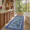 Garvee Washable Floral 2×6 Kitchen Rugs, Indoor Farmhouse Hallway Runner Rug with Non Slip Back, Low Pile Ultra Thin Stain Resistant Botanical Throw Carpet for Girls Bedroom Laundry Bathroom, Green(Water Lily|blue)