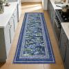 Garvee Washable Floral 2×6 Kitchen Rugs, Indoor Farmhouse Hallway Runner Rug with Non Slip Back, Low Pile Ultra Thin Stain Resistant Botanical Throw Carpet for Girls Bedroom Laundry Bathroom, Green(Water Lily|blue)