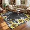 Garvee Sunflower 8×10 Area Rugs for Living Room, Large Soft Non Slip Bedroom Rugs, Botanical Butterfly Floral Print Farmhouse Floor Rug Low Pile Stain Resistant Distressed Carpet for Home Decor, Black(Sunflower|black)