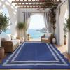 Garvee Waterproof Outdoor Rug 8×10, Scalloped Geometric Foldable Plastic Straw Patio Camping Rug, Outdoor RV Carpet for Deck Camper Porch Balcony Backyard Picnic Beach Gray Brown(Blue & White)
