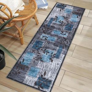 Garvee 2×6 Washable Hallway Runner Rug, Modern Willow Leaf Geometric Runners Non-Slip Low-Pile Carpet, Soft Stain Resistant Floor Mat for Entryway Kitchen Laundry Room Bedroom Farmhouse, Blue/Grey(Blue/ Grey)