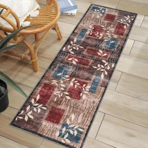 Garvee 2×6 Washable Hallway Runner Rug, Modern Willow Leaf Geometric Runners Non-Slip Low-Pile Carpet, Soft Stain Resistant Floor Mat for Entryway Kitchen Laundry Room Bedroom Farmhouse, Blue/Grey(Red/ Brown)