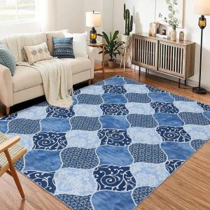 Garvee 5×7 ft Geometric Trellis Area Rug, Modern Neutral Washable Rugs in Farmhouse Design, Non-Slip Low-Pile Indoor Carpet for Living Room/Bedroom/Dining Room/Office-Chenille (Blue)(Blue)
