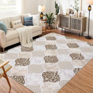 Garvee 5×7 ft Geometric Trellis Area Rug, Modern Neutral Washable Rugs in Farmhouse Design, Non-Slip Low-Pile Indoor Carpet for Living Room/Bedroom/Dining Room/Office-Chenille (Blue)(Beige)