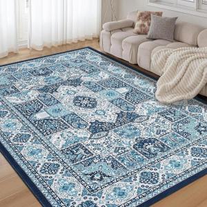 Garvee 5×7 ft Modern Geometric Trellis Area Rug, Large Boho Machine Washable Rugs, Vintage Medallion Distressed Indoor Accent Stain Resistant Non-Slip Floor Cover Carpet for Living Room Bedroom(Blue)(Blue)